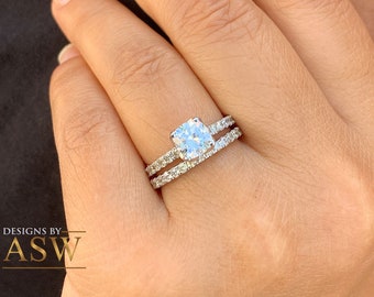 14K White Gold Cushion Cut Moissanite and Round Cut Natural Diamond Engagement Ring And Band Bridal Wedding Set Halo 1.90ctw
