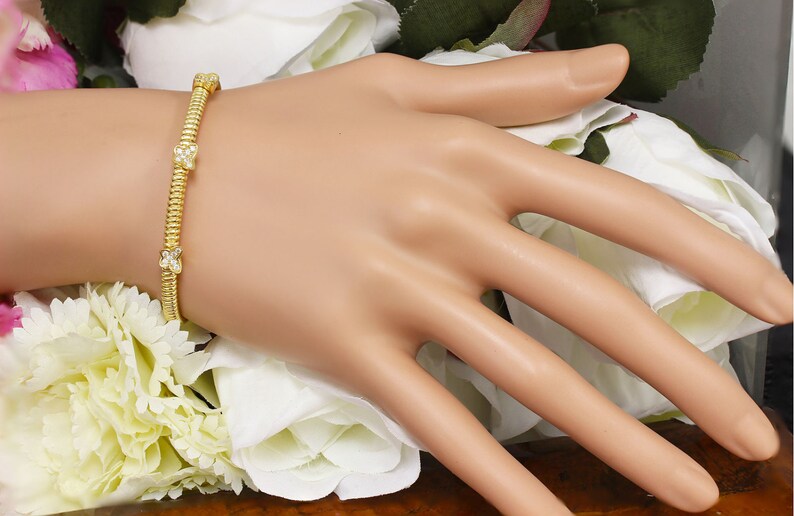 Bridal Wedding Gift Bangle Man Made Diamond Simulant Bracelet Yellow Rhodium Solid Sterling Silver .925 Pave Stunning Butterfly Design