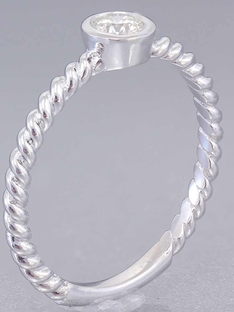 14K White Gold Round Cut Simulated Diamond Engagement Ring Braided Bezel Art Deco 0.35ctw