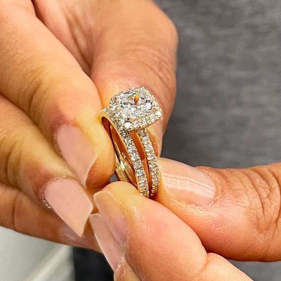 14K Yellow Gold Cushion Cut and Round Cut Natural Diamond Etsy