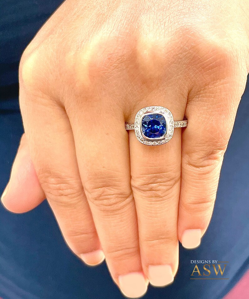 14K Solid White Gold Cushion Cut Blue Sapphire and Round Cut Etsy