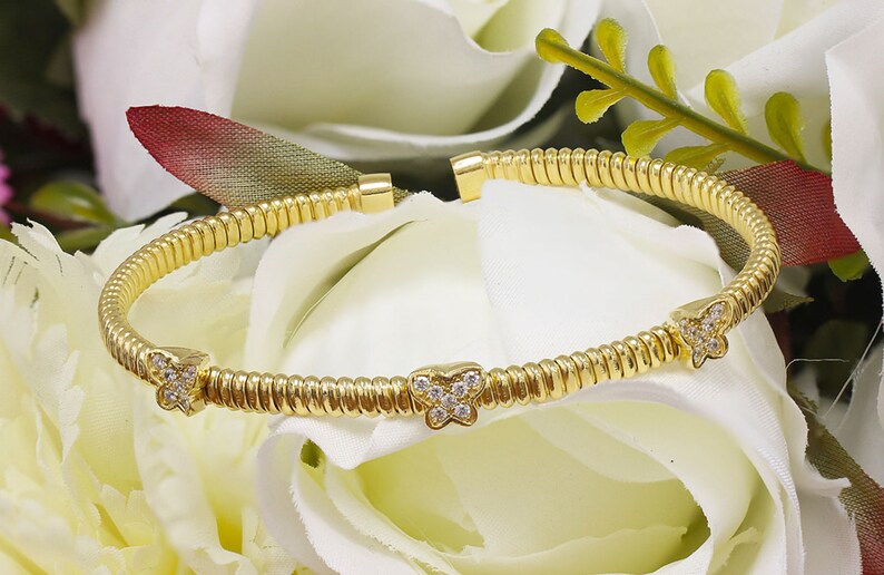 Bridal Wedding Gift Bangle Man Made Diamond Simulant Bracelet Yellow Rhodium Solid Sterling Silver .925 Pave Stunning Butterfly Design