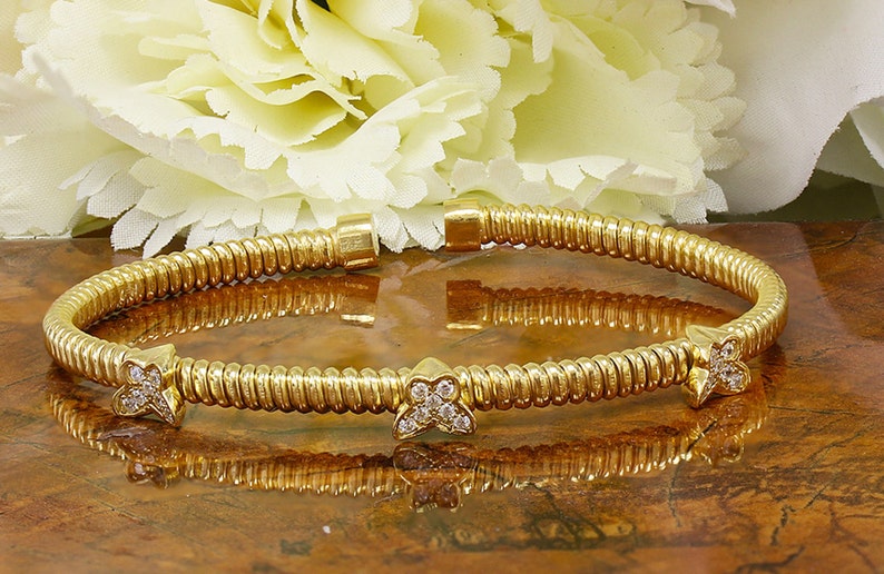 Bridal Wedding Gift Bangle Man Made Diamond Simulant Bracelet Yellow Rhodium Solid Sterling Silver .925 Pave Stunning Butterfly Design