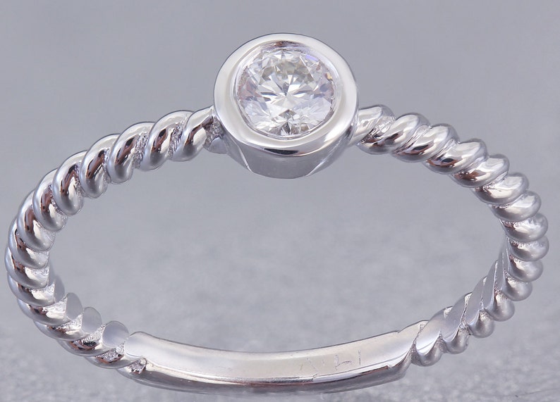 14K White Gold Round Cut Simulated Diamond Engagement Ring Braided Bezel Art Deco 0.35ctw