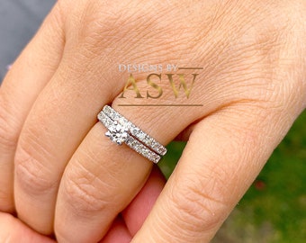 14k solid white gold round cut diamond engagement ring and band art deco natural diamonds bridal set wedding anniversary prong set 1.00ctw