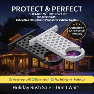 May include: Black and white durable mounting clips for outdoor lights. The image includes the text "PROTECT & PERFECT" and "5-STAR RATED by ENBRIGHTEN OWNERS". The clips are designed to be weatherproof and easy to install.