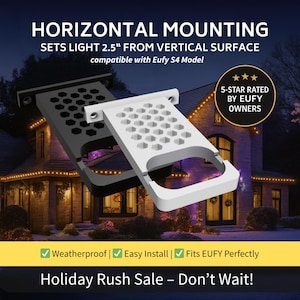 May include: Two horizontal mounting brackets, one black and one white, with a honeycomb pattern. Text reads "HORIZONTAL MOUNTING" and "SETS LIGHT 2.5" FROM VERTICAL SURFACE." The image also includes "5-STAR RATED BY EUFY OWNERS."