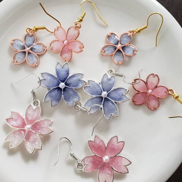 Sakura Cherry Blossom earrings (pierced OR Clip on). Sakura Pendant Necklace, Pink Sakura, Purple, Pearly, Spring