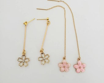 Sakura Earrings, Cherry blossom earrings, Long Earrings, Swinging Sakura Earrings, Pink Sakura Earrings, White Sakura Earrings, Purple