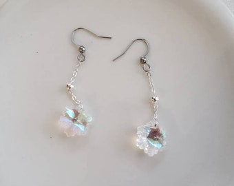 Sparkly Snowflake Earrings, Dangly Drop Earrings, Snowflakes, Iridescent AB Coated, Clip-on available