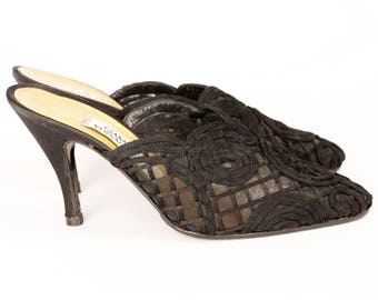 Early 90s GIANNI VERSACE Vintage Lace Mesh Black   Mules Size 71/2