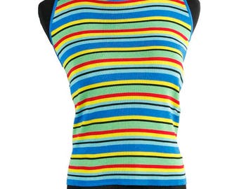 90s GIANNI VERSACE Isrante Vintage Collection   Rainbow ColorYelloe Turquoise Blue Red Striped Twinset Size 42/6