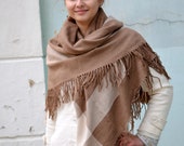 Vintage tartan shawl wrap, plaid beige fringed warm women men shawl, square shawl, wool Blanket scarf, Outlander shawl, oversized scarf