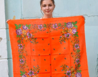 Orange floral folk scarf shawl, soft cotton natural linen scarf, pumpkin orange wildflower & purple roses scarf, square neck scarf bandana