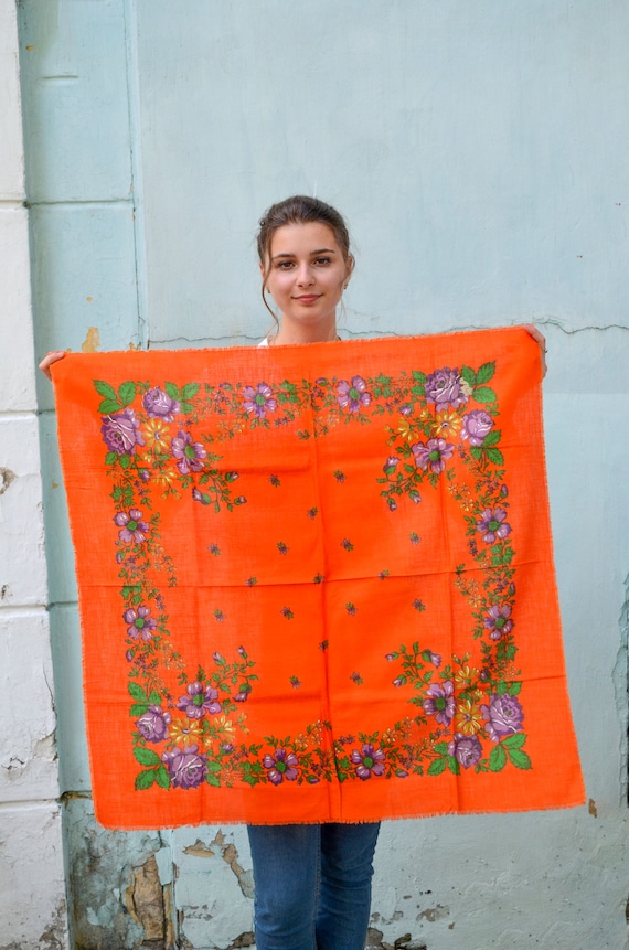Orange floral folk scarf shawl, soft cotton natura