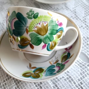 Hand Painted Tea Cup with Saucer Green White Floral Cups teacup coffee serving set, retro kitchen