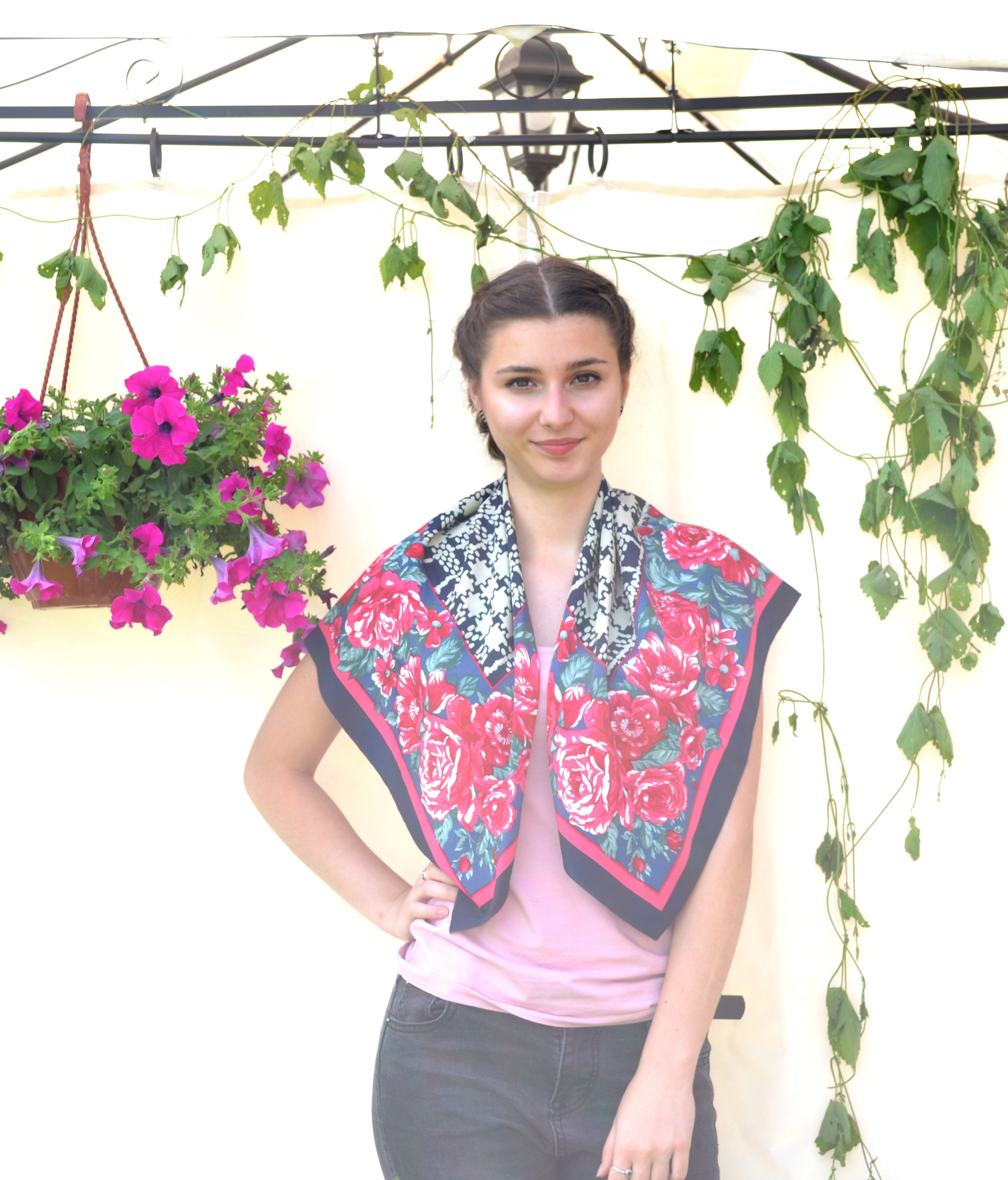 Silk Scarf 32in Hot Pink Roses Border & Navy Blue Check Plaid Tartan ...