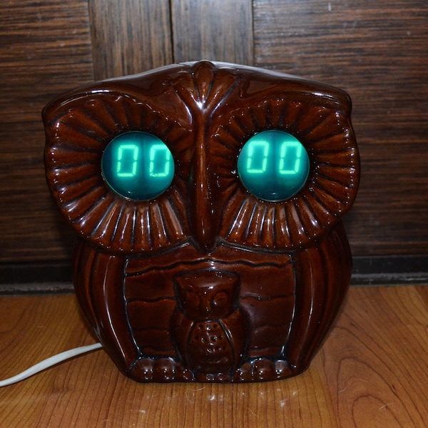 Vintage ceramic owl clock brown, nixie tube digital wall hanging Light Illuminated clock, woodland home decor sculpture