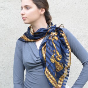 Blue White Large Striped Scarf with Gold Keys 35", Satin and Sheer Chiffon Stripes Navy Blue Yellow Baroque Print Shawl, LIZ CLAIBORNE Korea