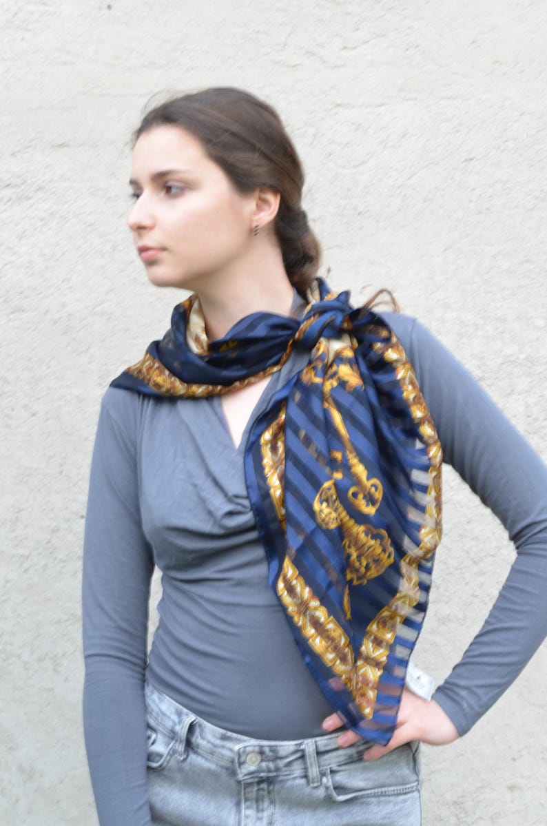 Blue White Large Striped Scarf with Gold Keys 35", Satin and Sheer Chiffon Stripes Navy Blue Yellow Baroque Print Shawl, LIZ CLAIBORNE Korea