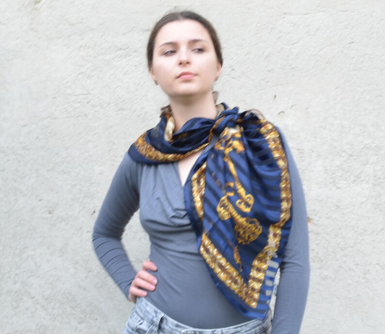 Blue White Large Striped Scarf with Gold Keys 35", Satin and Sheer Chiffon Stripes Navy Blue Yellow Baroque Print Shawl, LIZ CLAIBORNE Korea