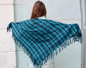 Vintage Wool Tartan Plaid Shawl Wrap Outlander Scarf, Green Blue Warm Square Scarf, Babushka Winter Shawl