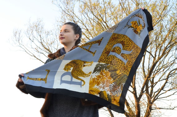 Vintage silk square scarf leopard animal print, s… - image 3