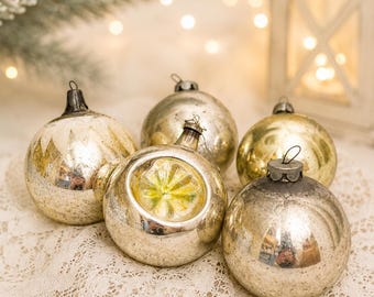 Set of 5 SIlver Glass Baubles Christmas Balls 3in, Vintage 50s Xmas Tree Ornaments