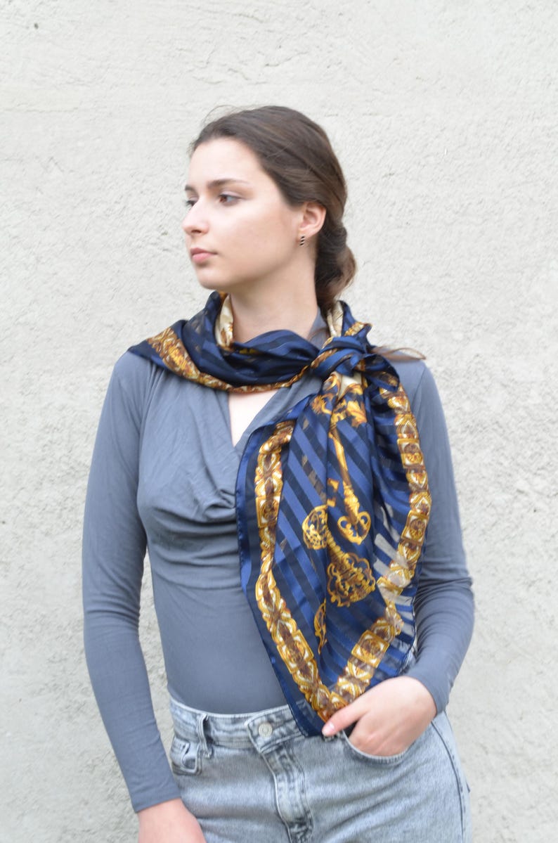 Blue White Large Striped Scarf with Gold Keys 35", Satin and Sheer Chiffon Stripes Navy Blue Yellow Baroque Print Shawl, LIZ CLAIBORNE Korea