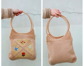 Vintage crochet tote bag with zipper round ring handle, Embroidery beige yellow market bag, hippie womens boho beach summer bag