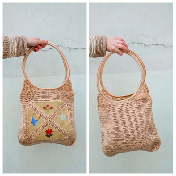 Vintage crochet tote bag with zipper round ring h… - image 1