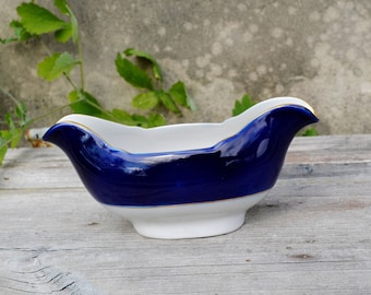 Vintage serving sauce gravy boat bowl cobalt blue white pottery porcelain ceramic tableware dinnerware, housewarming gift