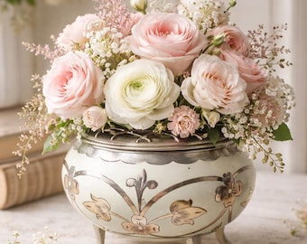 Vintage Rose Bowl Vase Metal Flower Frog Centerpiece Shabby Chic Floral Arrangement Holder Cottagecore Decor