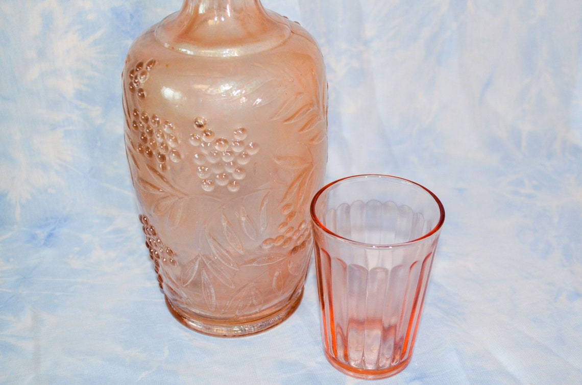 Vintage pink glass decanter set with stopper whiskey wine Etsy