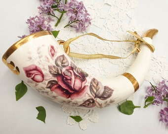 Vintage porcelain Drinking horn tankard, Ukrainian ceramic cornucopia horn of plenty decorative flower