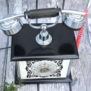 Retro desk rotary dial phone black white, old fashion Telephone, FREE DELIVERY, victorian mid century 80s home office decor