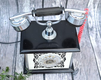 Retro desk rotary dial phone black white, old fashion Telephone, FREE DELIVERY, victorian mid century 80s home office decor
