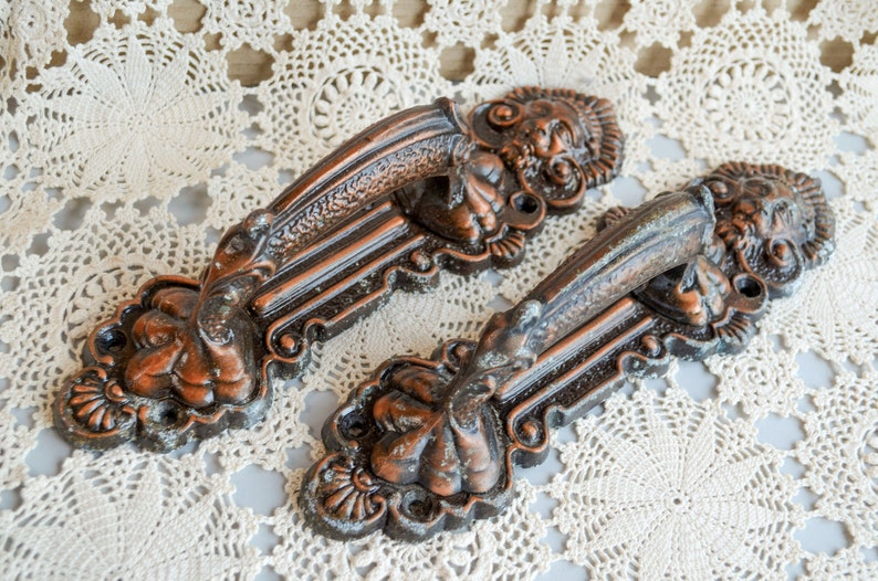 Vintage victorian drawer barn door handle bronze tone ornate Etsy
