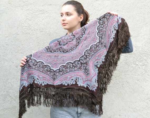 Cashmere wool Bohemian fringed scarf pink brown, … - image 2
