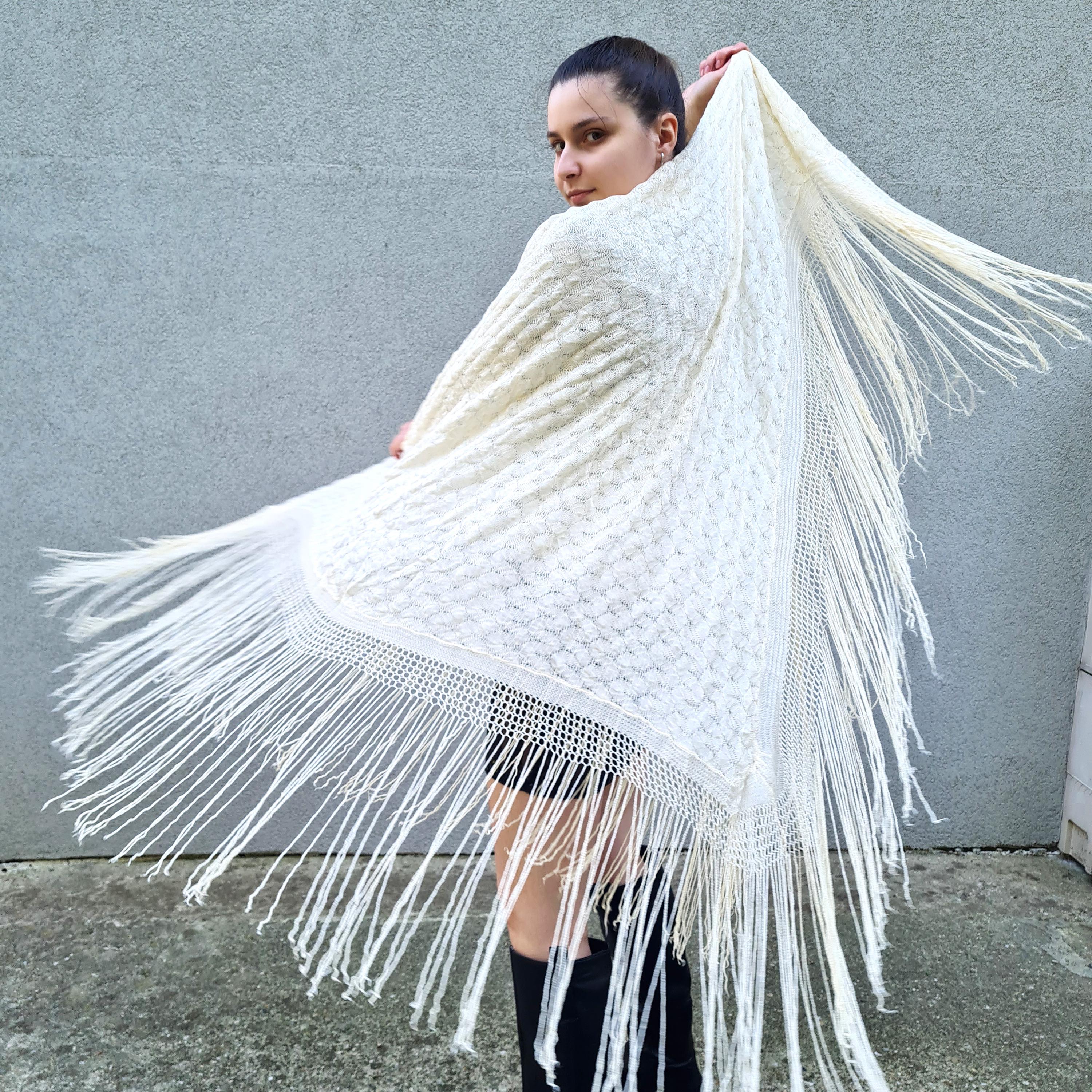 Cream Lace Shawl With Long Fringe, Large Ivory Boho Festival Cream Lace Shawl With Long Fringe, Large Ivory Boho Festival