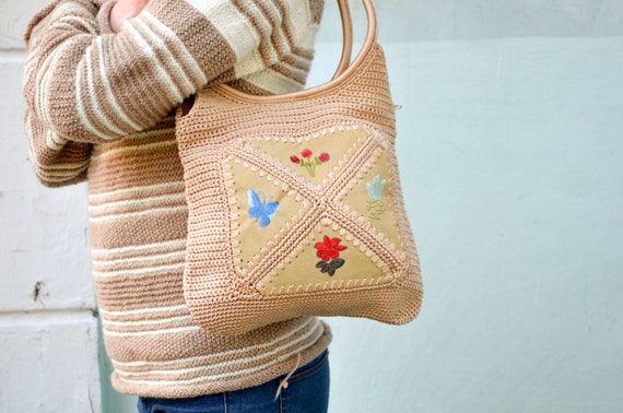 Vintage crochet tote bag with zipper round ring h… - image 4