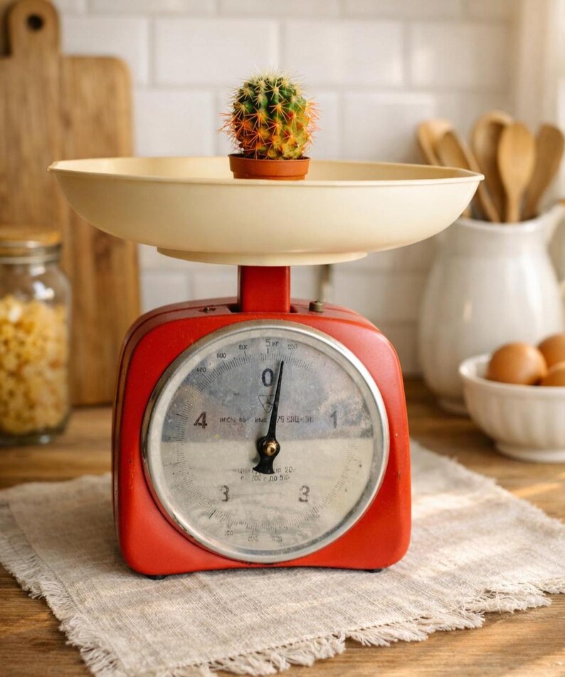 Vintage Mechanical Kitchen Scale, Red Metal Food Analog Scale, Rustic ...
