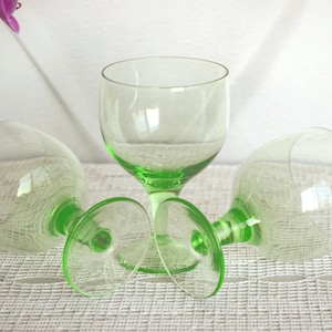 Set 3 Pale Green Glasses 80ml/2.7oz, Tulip Stem Wine Goblets, MCM Glasswear Stemware Barware,