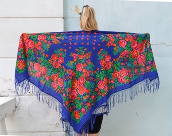 Royal blue fringed wool shawl with red roses, large square folk Ethnic traditional fringe shawl, gift for her