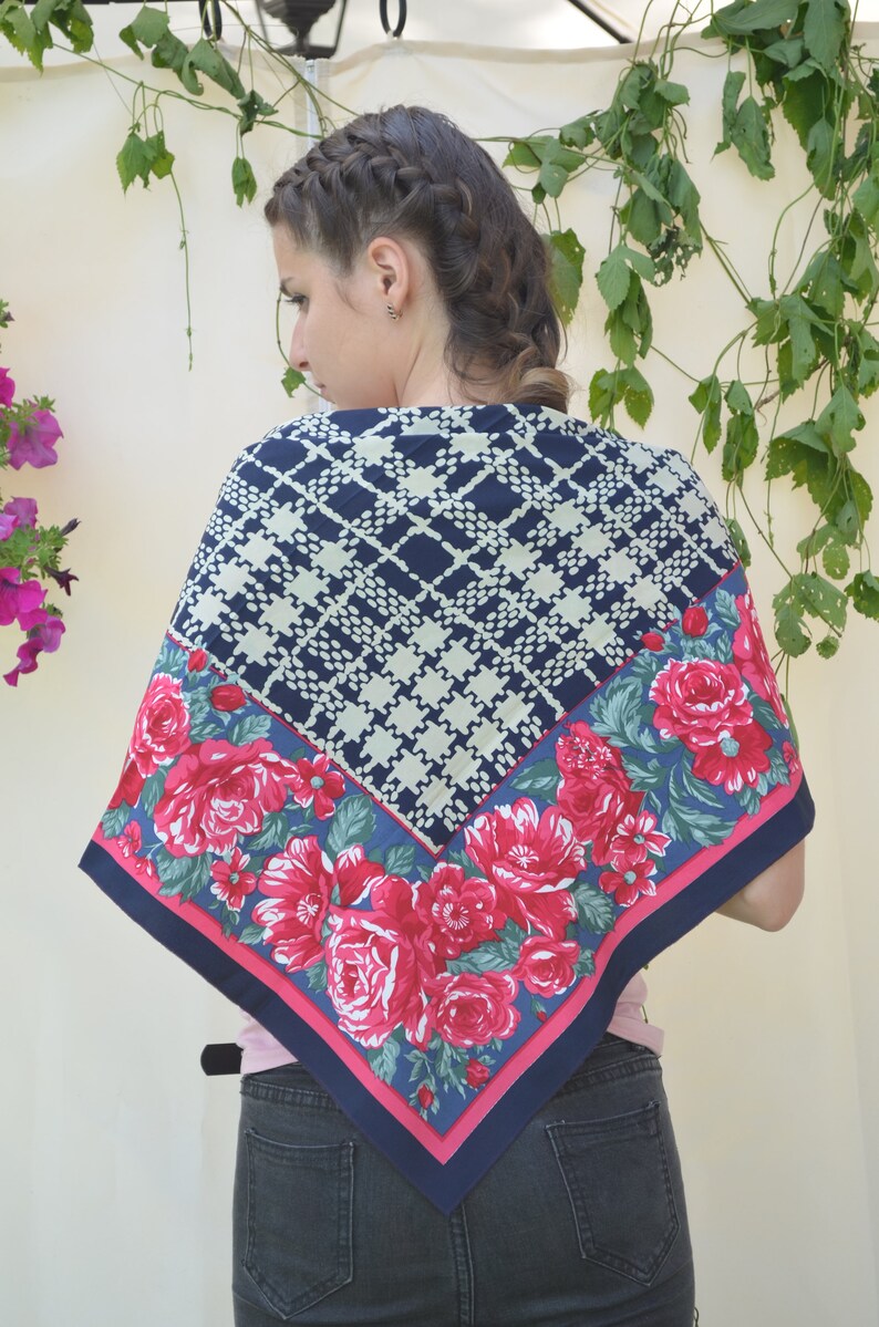 Silk Scarf 32in Hot Pink Roses Border & Navy Blue Check Plaid Tartan ...