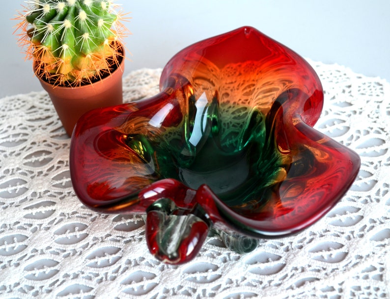 Red Glass Ashtraycoffee Table Decorleaf Shaped Bowlheavy