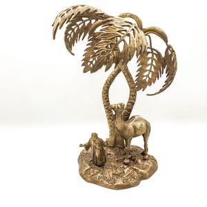 Vintage Bronze Figurine Palm Tree Bedouin Camel Statue, Oriental Mid-Century Brass Sculpture