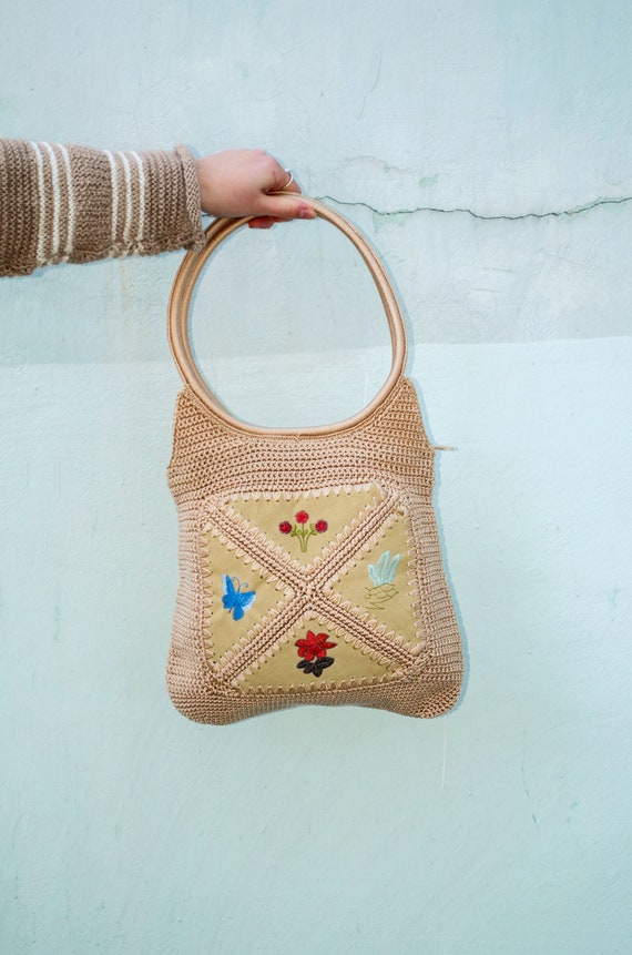 Vintage crochet tote bag with zipper round ring h… - image 9
