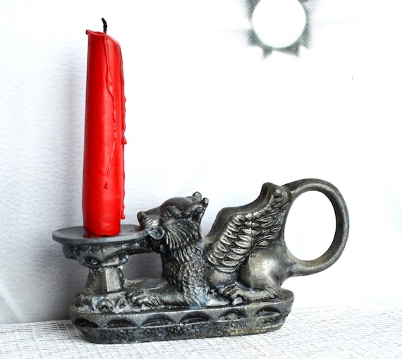 Goth Candle Holder Griffin Gargoyle with Handle, Gothic Witchy Candlestick Holder, Home altar decor, Witchcraft supplies