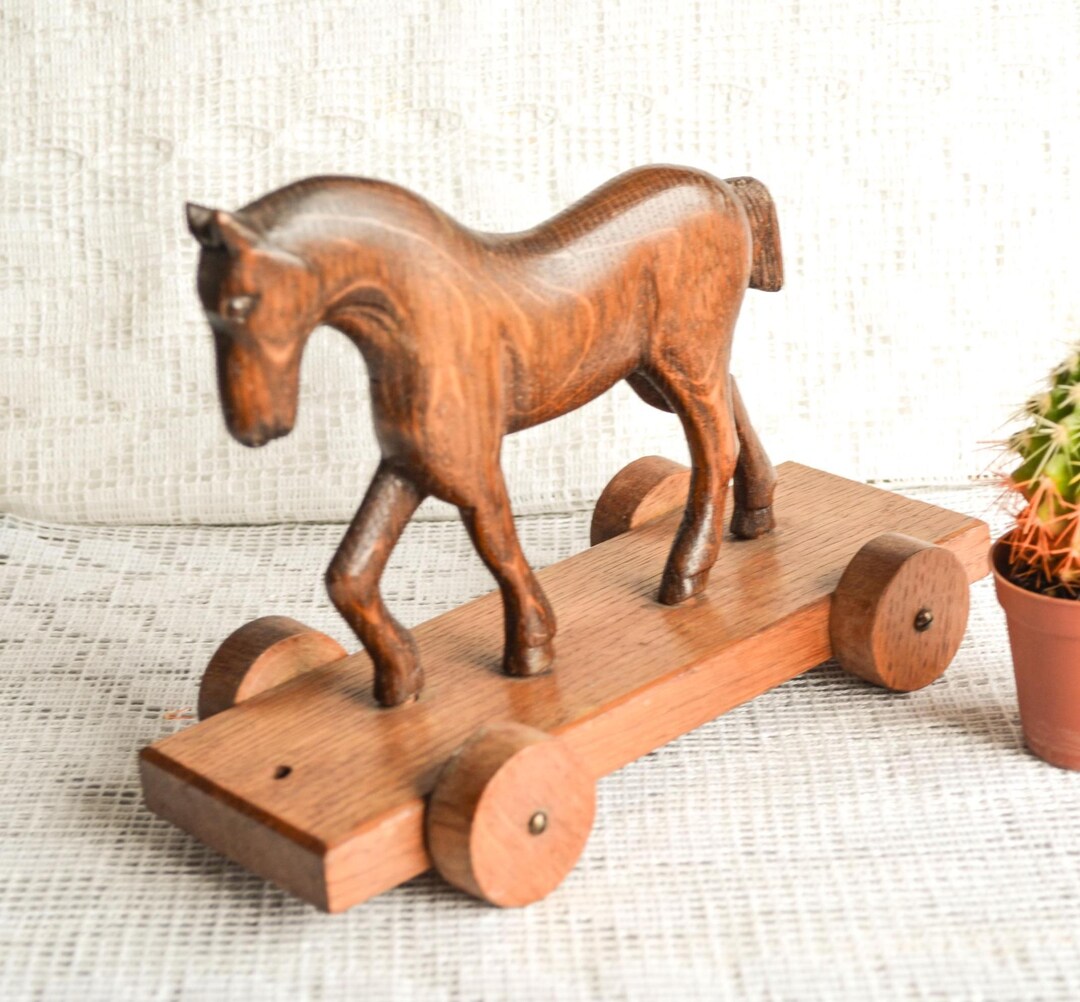 Vintage Wooden Horse Pull Toy on Wheels, Hand Carved Folk Art ...